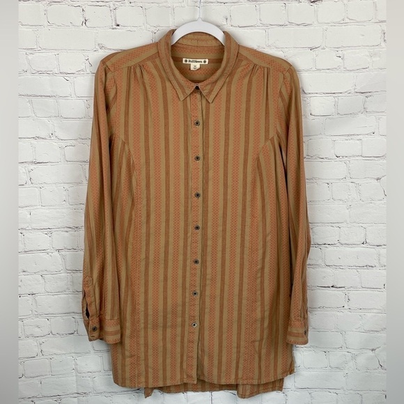 Ruff Hewn Tops - Ruff Hewn Tan/Orange Embroidered Striped Button Up Shirt Long Sleeve Medium